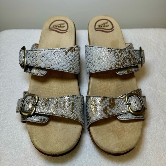 Dansko‎ Sophie Leather Snakeskin Metallic Slide Sandal Double Strap EUR size 41 - Picture 1 of 10